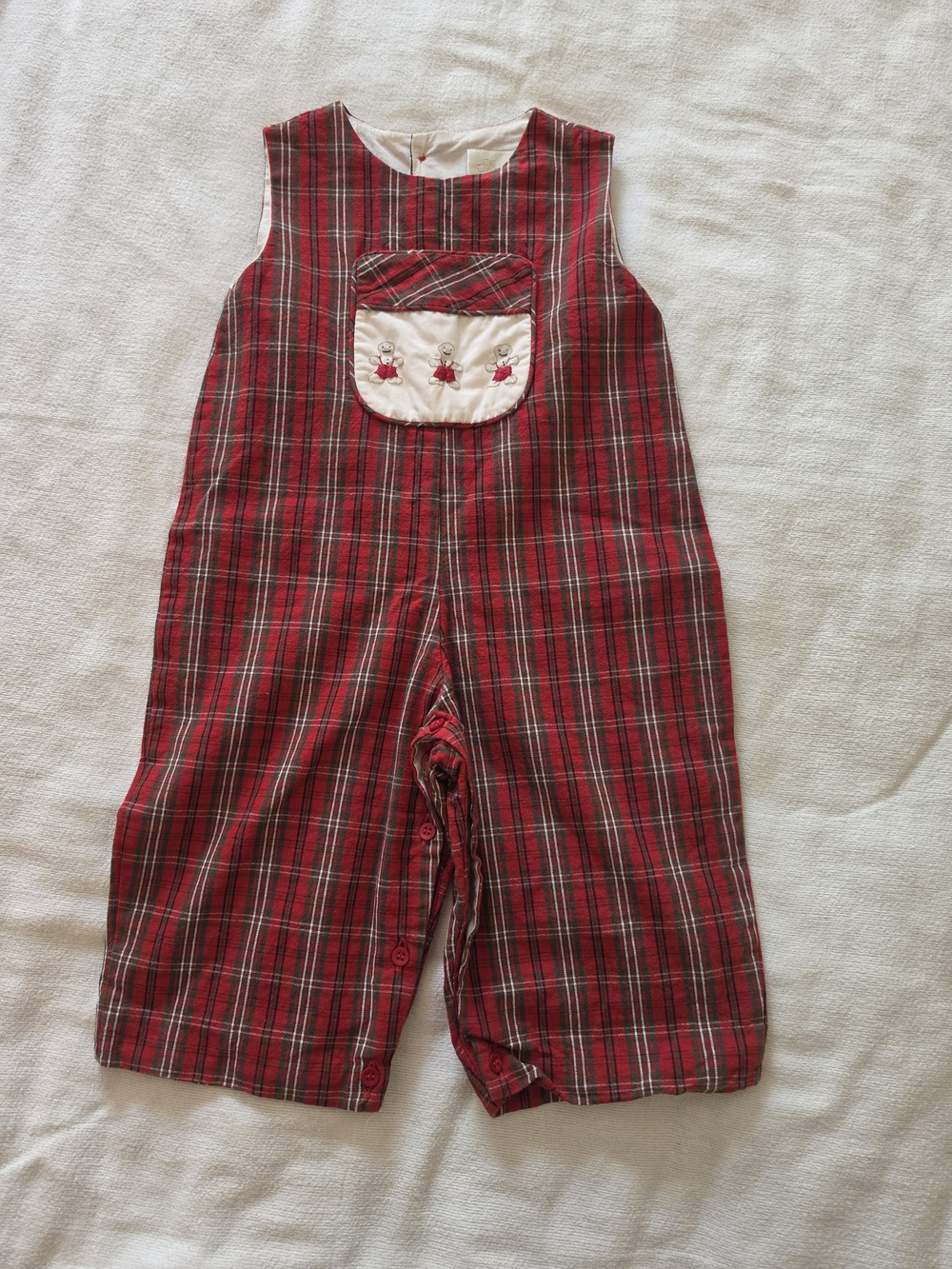 Strasburg Red Plaid Kids Overalls with Gingerbread Embroidered Pocket